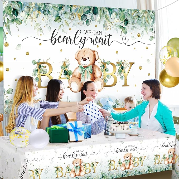 Breling 61 Pcs Bear Baby Shower Decorations Sage Green Bear Baby Party Decor Kit We Bearly Wait Backdrop Tablecloth Balloons Arch Bears Theme Party Supplies for Kids Birthday Shower