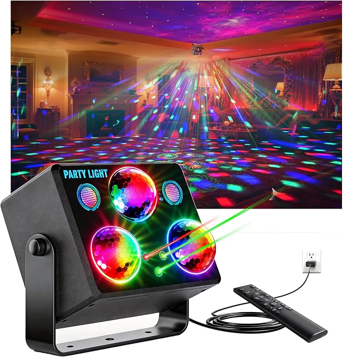 Disco Ball Party Lights,DJ Disco Light Sound Activation & Remote Control Stage Lighting with Star Projector, Ocean Wave and LED Strobe for Home Christmas Birthday Wedding Bar and Club Decorations