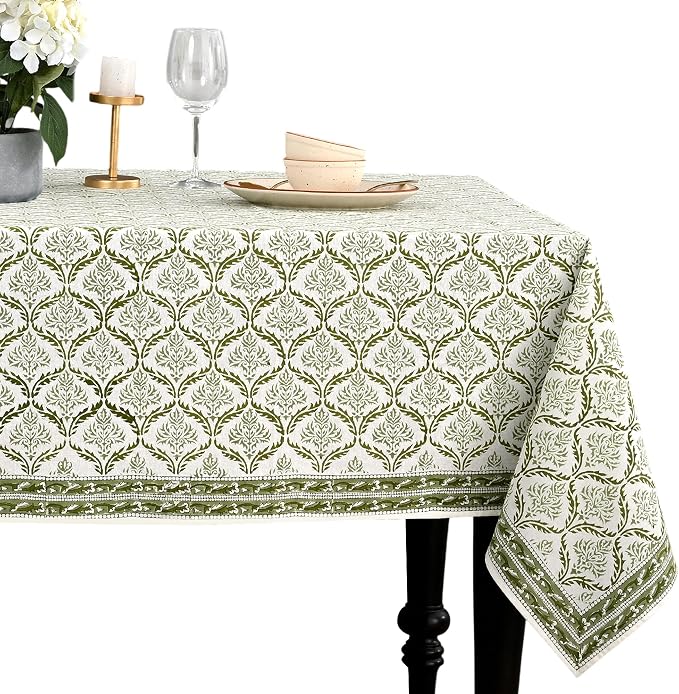 CPC Fern Regal Tablecloth 100% Cotton 60x90 Inch Indian Block Print Rectangle Table Cover, Table Cloth for Gifting in Weddings, Halloween, Fall, Christmas, Thanksgiving