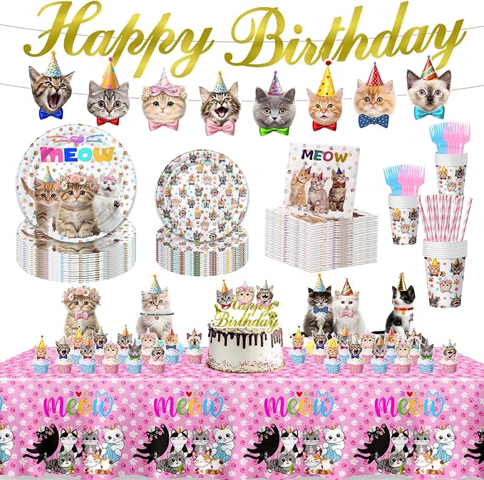 Cat Birthday Decorations, Cat Party Supplies with 9" & 7" Plates, Napkins, Tablecloth, Cake Topper, Pre-assembled Banner & Honeycomb Centerpieces for Cat Themed Birthday Party Decorations