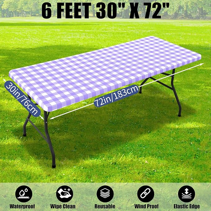 Smiry Picnic Table Cloth 4 Pack, Waterproof Elastic Fitted Tablecloths for 6FT Rectangle Tables, Washable Polyester Buffalo Plaid Tablecloth for Camping, Dining & Outdoor (Purple & White, 30" x 72")