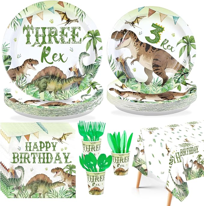 170Pcs Dinosaur 3rd Birthday Party Supplies Three Rex Dinosaur Plates Napkins Cups Forks Knives Spoons Tablecloths Watercolor 3 Rex Tableware Set for Boy Dino 3 Year Old Birthday Decorations Serves 24