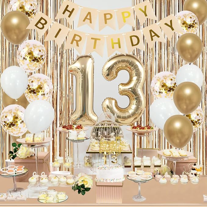 Trgowaul 13th Birthday Decorations for Girls, Banner, Sash and Crown, Cake Topper, 13 Number Balloon, Fringe Curtains, Champagne Gold 13 Birthday Party Supplies