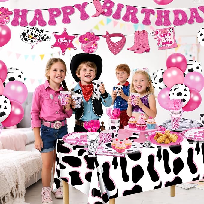 147pcs Cowgirl Birthday Party Decorations, Disco Cowgirl Party Decorations Includes Banner, Garland, Plates, Napkins, Cups, Forks, Tablecloths and Balloons for Western Cowgirl Party (Serves 24)