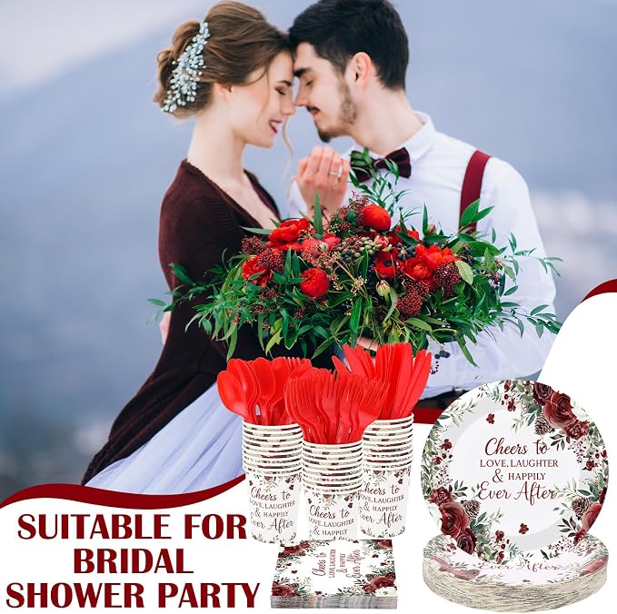 Shellwei 410 Pcs Rose Floral Wedding Paper Plates and Napkins Disposable Cheers to Love Tableware Set Red Floral Bridal Shower Party Supplies with Cups Knives Forks Spoons Seat Cards for 50 Guests