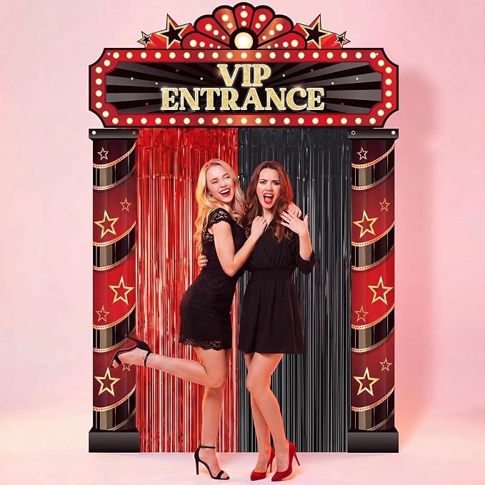 Peryiter 5 Pcs VIP Entrance Movie Night Party Decorations Set, Film Theme Door Banners Red and Black Tinsel Curtains, Double Sided Tape for Movie Night Film Party Supplies