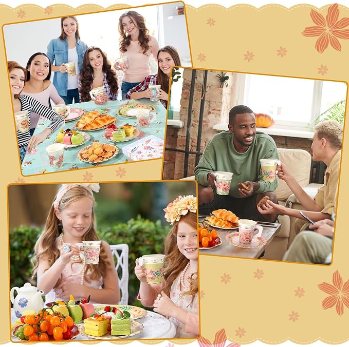 Yungyan 193 Pcs 48 Guests Tea Birthday Party Supplies Disposable Tableware Set 9 oz Paper Tea Cups with Handle, 7" 9" Paper Plates, Napkins, Tablecloth for Floral Party Wedding Baby Shower