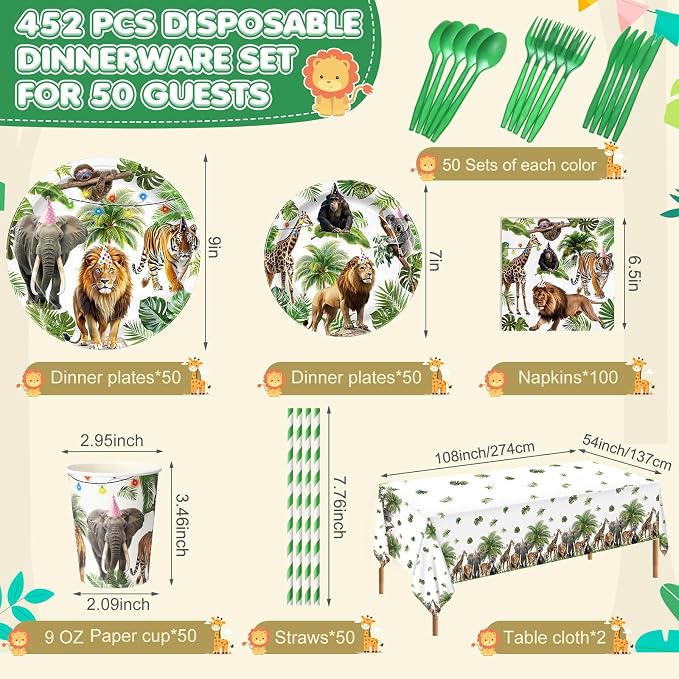 Potchen 452 Pcs Party Supplies Serve 50 Guests, Paper Plates Napkins Cups Cutlery Plastic Tablecloth Dinnerware for Birthday Wedding Party Decoration(Forest Green, Wild Animals)