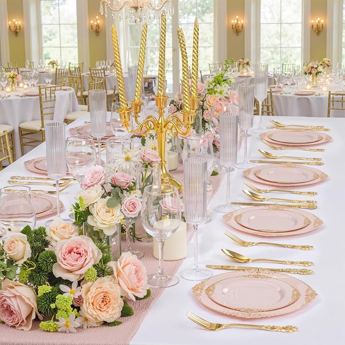 200PCS Pink and Gold Plates - Pink Plastic Plate - Fancy Disposable Plates with Gold Rim - Vintage Wedding Dinner & Dessert Plate for 100 Guests for Wedding & Bridal Shower