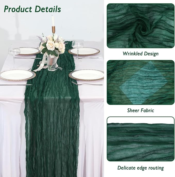 6 Pack Dark Green Cheesecloth Table Runner 120 Inch 10FT Cheese Cloth Runners for Spring Holiday, Baby Shower, Jungle Theme Party