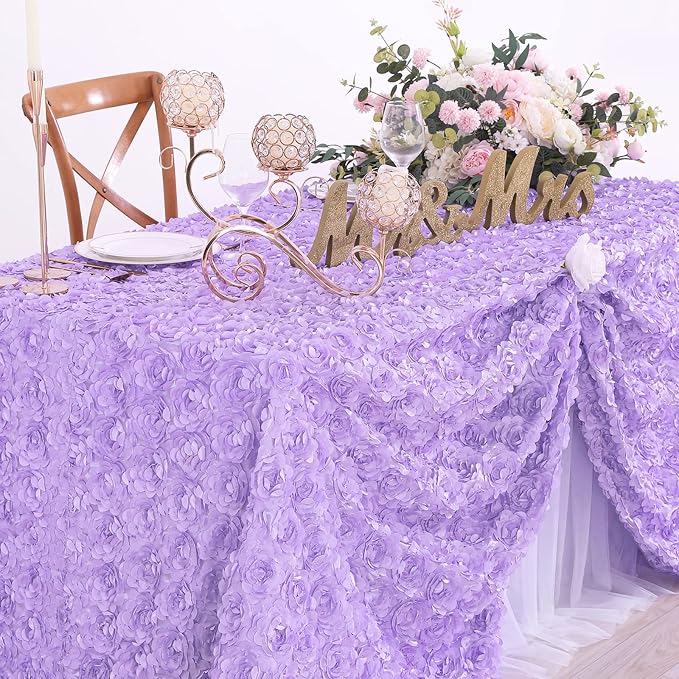 Fanqisi 3D Floral Satin Tablecloth Rectangular Lavender Table Cover 90x156 Inches Rosette Table Cloth for Birthday Party Decorations