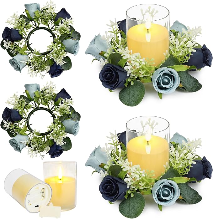 4 PCS Candle Rings Wreaths 3 Inch Center - Artificial Roses Candle Rings with LED Candles for Wedding Centerpiece Table Home Party Decor, Navy Blue, 2 Sets