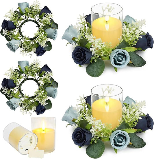 4 PCS Candle Rings Wreaths 3 Inch Center - Artificial Roses Candle Rings with LED Candles for Wedding Centerpiece Table Home Party Decor, Navy Blue, 2 Sets