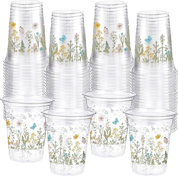 Funnymoom 60 Pack Wildflowers Plastic Cups 12 oz Floral Botanical Disposable Clear Plastic Drinking Cups for Summer Spring Birthday Wedding Bridal Baby Shower Party Decoration Supplies
