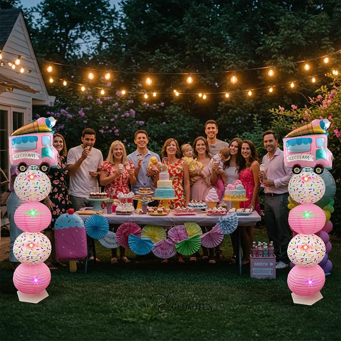 Ice Cream Balloon Column Stand Kit and Paper Lantern 2 Sets 5 Feet with Reusable Metal Telescopic Design for Ice Cream Parties, Birthday Decorations for Girls,Wedding