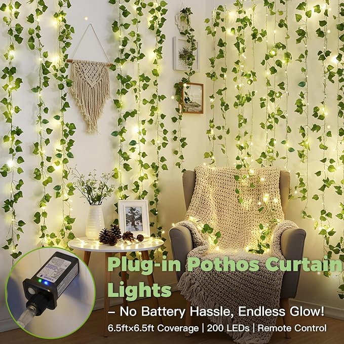 suddus 200 LED Vine with Light Plug in, 6.5ft x 6.5ft Pothos Fairy Curtain Lights with Remote, Leaf Fairy Lights for Wall,Bedroom, Dorm, Wedding, Party, Indoor Decor(Warm White)