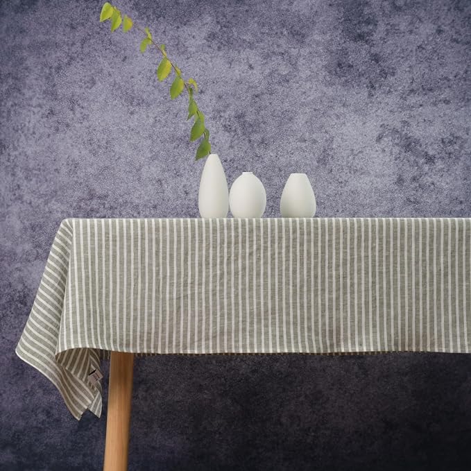 Linen Tablecloth- 55x90 Inch Stripe Pure Linen Green and White Table Cloth for Rectangle Tables, for Winter, Fall, Thanksgiving, Christmas, Easter, Machine Washable