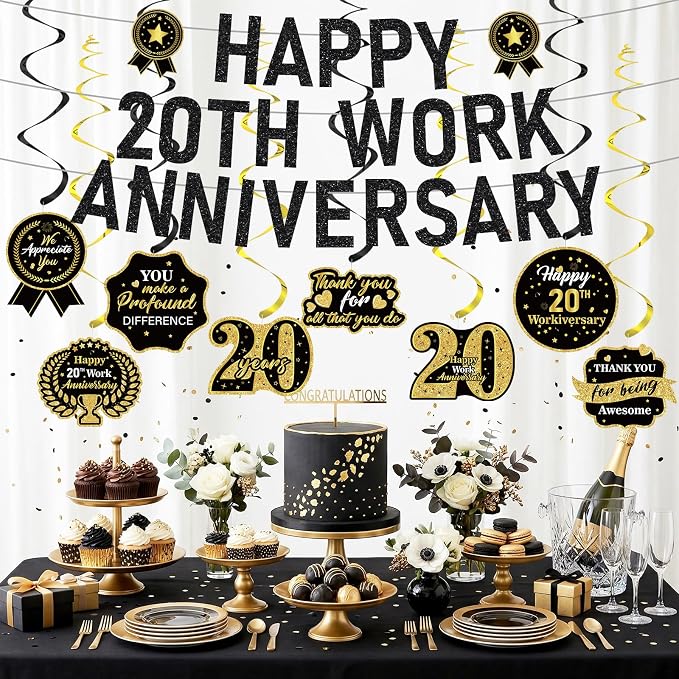 11pcs 20 Year Work Anniversary Decorations Black Gold Happy 20th Work Anniversary Banner Hanging Swirls Employee Appreciation Decorations Supplies 20 Year Workiversary Gifts for Employee Worker