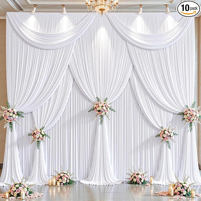 10 Panels White Backdrop Curtains - Wrinkle Free Fabric Backdrop Curtain for Photoshoot,10ft Wedding Party Photo Backdrop Drapes for Birthday Baby Shower Photography Stage Background Decorations