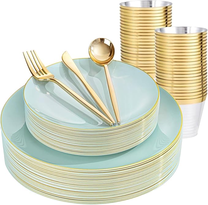 bUCLA 150PCS Green Plastic Plates - Sage Green with Gold Rim Disposable - Include 25 (Dinner & Dessert) Plates, 25 Knives, 25 Forks, 25 Spoons and 25 Cups for Party, Birthday & Spring