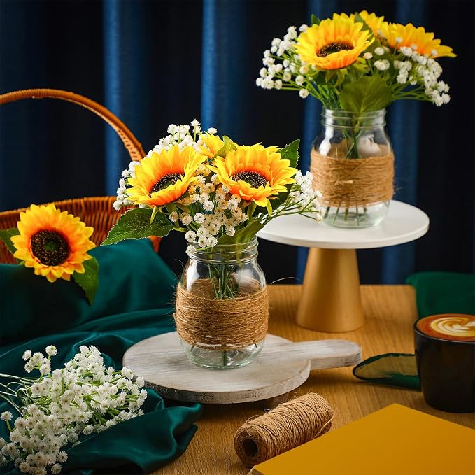 85 Pcs/ 12 Set Sunflower Mason Jar Table Centerpiece Mason Jar Vases Faux Floral with Rope Boho Rustic Flower Table Decoration for Reception Engagement Party Bridal Shower Wedding