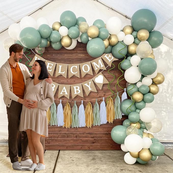 Sage Green Baby Shower Decorations Olive Green Balloon Garland Kit Welcome Baby Banner Balloons Pom Poms Flowers Tassels Circle Dots Star Garland for Gender Neutral Baby Shower Supplies