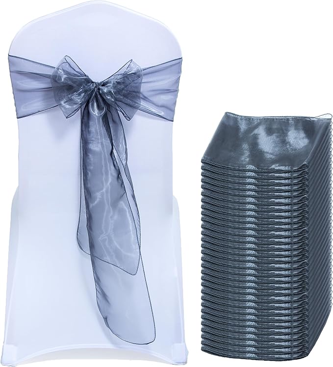 MDS® Pack of 100 Organza Chair Sashes for Wedding Decoration, Reusable Sheer Chair Bows for Banquet Chair Cover, Reception, Bridal Shower, Baby Shower, Birthday Party & Special Events - Silver Grey