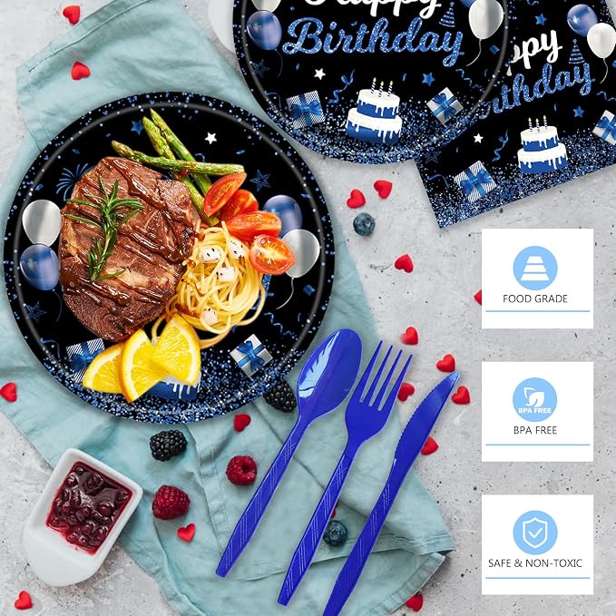 219Pcs Navy Blue Birthday Party Supplies Happy Birthday Party Decorations for Men Boys Blue Plates Napkins Cups Tableware Set Banner Tablecloth Confetti Balloons, Serves 24