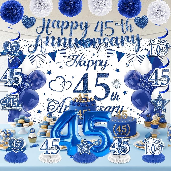 45th Wedding Anniversary Decorations Kit Blue Happy 45th Anniversary Banner Backdrop Table Honeycomb Centerpiece Hanging Swirls Poms Decor for Men Women 45 Years Wedding Anniversaries Party Supplies