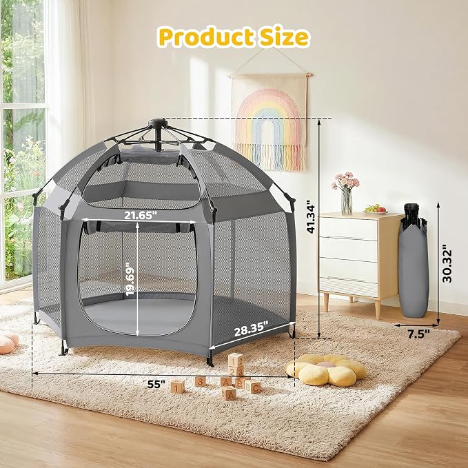 Dripex Pop Up Playpen w/t Built-in Pad & One-Click Safe Lock, Foldable Indoor/Outdoor Baby Playpen w/t Removable Canopy &Roll-Up Door & Top Mesh Window, Travel Pop and Go Beach Play Pen for Baby Grey
