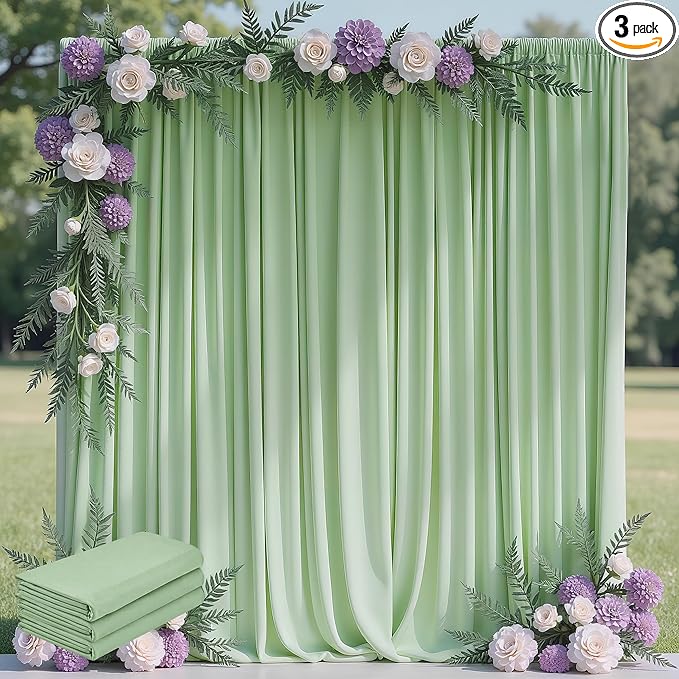 Wokceer Sage Green Backdrop Curtain for Wedding Parties 3 Pack 10x10FT Wedding Curtains Photo Backdrop Drapes Polyester for Photoshoot Baby Shower Birthday Party Background 6 Panels 5x10FT