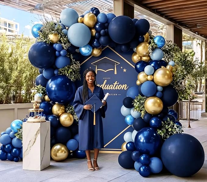 Navy Blue Gold Balloon Arch Kit, Double Stuffed Royal Pastel Blue Balloon Garland Different Sizes Metallic Gold Balloons for Birthday Baby Shower Graduation Wedding Anniversary Fathers Day Decor