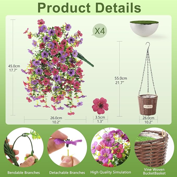 Artificial Flowers Hanging Baskets, 4 Bundles Outdoor Hanging Basket Spring Summer Decoration, No Fade Realistic Fake Flowers Plants for Porch Patio Balcony Home Yard Decor(Light Purple Red)
