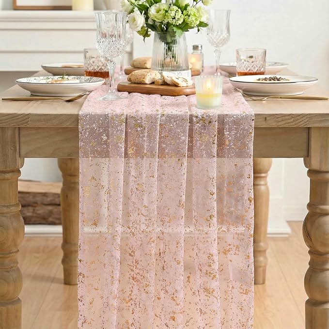 Artoid Mode 6PC Gold Gauze Pink Table Runner 120 Inch 10FT, Glitter Metallic Foil Sheer Dining Wedding Anniversary Holiday Birthday Table Decor for Home Party