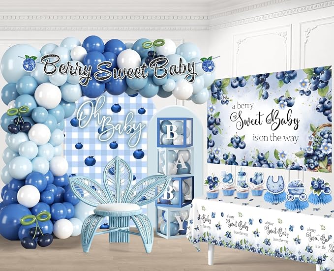 Blueberry Baby Shower Decorations, Worry-Free One-Stop Set Serves 25 Guests, with Blueberry Balloons Arch Kit, Backdrop, and Cake Toppers, Easy Setup for Berry Sweet Baby Shower Decorations