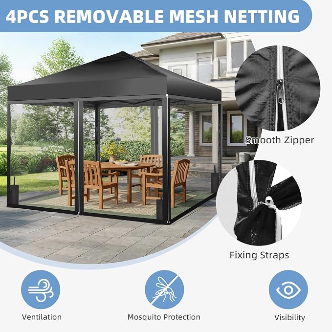 GDY 10x10 Pop up Canopy Tent with Mosquito Netting, Easy up Gazebo for Patio, Camping and Garden, Includes 4 Sandbags, Black
