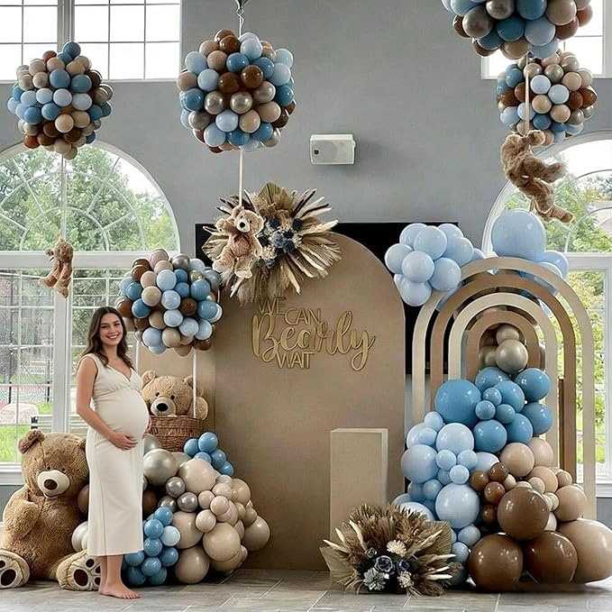 Blue and Brown Balloon Garland Arch Kit, 114Pcs Dusty Blue Double Stuffed Coffee Brown Sand White Balloons for Boy Bear Baby Shower Decorations Wedding Boho Birthday Party Decorations