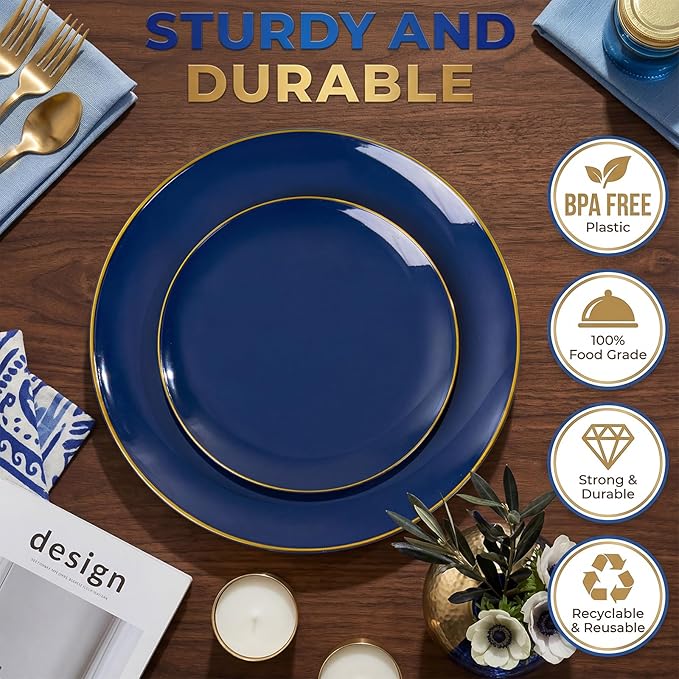 KIRE 350Pcs Blue and Gold Plates -Heavy Duty Navy Blue Dinnerware Set - 100 Plastic Plates 50 Pre Rolled Napkins with Gold Plastic Silverware 50 Cups for Birthday/Wedding/Parties/Graduation