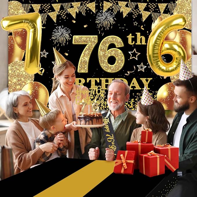 76th Birthday Decorations Men Women with 76th Birthday Banner, Black and Gold Table Cloth, Number Balloons, Sash, Cake Topper and Candles
