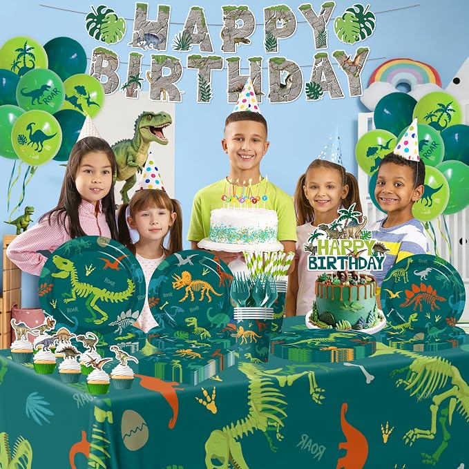 Dinosaur Birthday Decorations, 197Pcs Dinosaur Party Decorations Tableware Set Include Dinosaur Plates,Napkins,Cups,Balloon,Banner,Hanging Swirl,Cake Toppers,Tablecloth for Boy Dino Birthday Supplies