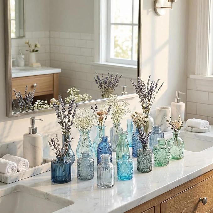 32 PCS Assorted Vintage Bud Vases, Colorful Glass Small Vases Bulk, for Centerpicecs, Wedding Table Decor, Home Decorations & Gifts (Blue Seiris)