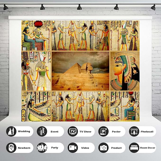 Ancient Egyptian Mural Backdrop for Photography Egyptian Papyrus Antique Hieroglyphs Backdrop Painting Egypt History Religion Culture Pyramids Sphinx Backdrops for Travel Vacation Photo Props 12x8ft
