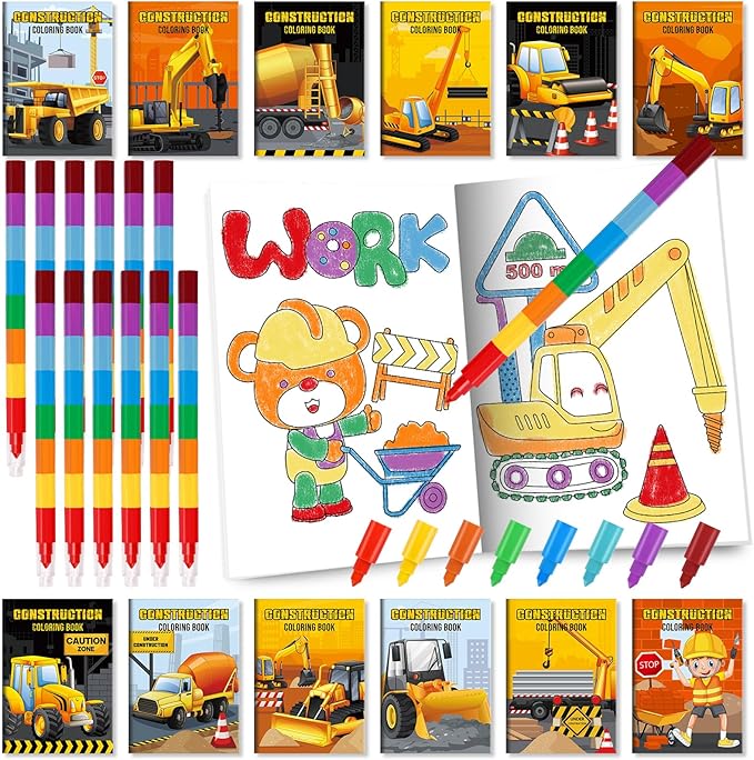 BenLouis 24 Construction Mini Coloring Books Kids with 24 Stacking Crayons Excavator Theme Party Favors Activity Books Bulk for Kids Construction Birthday Goodie Bag Gift Stuffer Classroom Reward