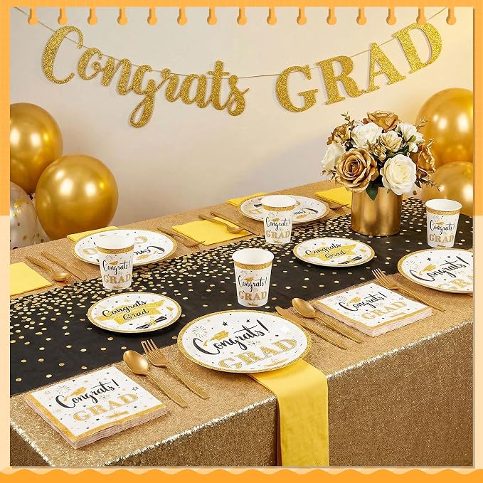 Domensi 400 Pcs 2026 Graduation Decorations Plates and Napkins and Cups Set Serve 50, White and Gold Graduation Party Supplies, Class of 2026 Paper Tableware 9oz Cup Knife Fork Spoon Congrats Grad