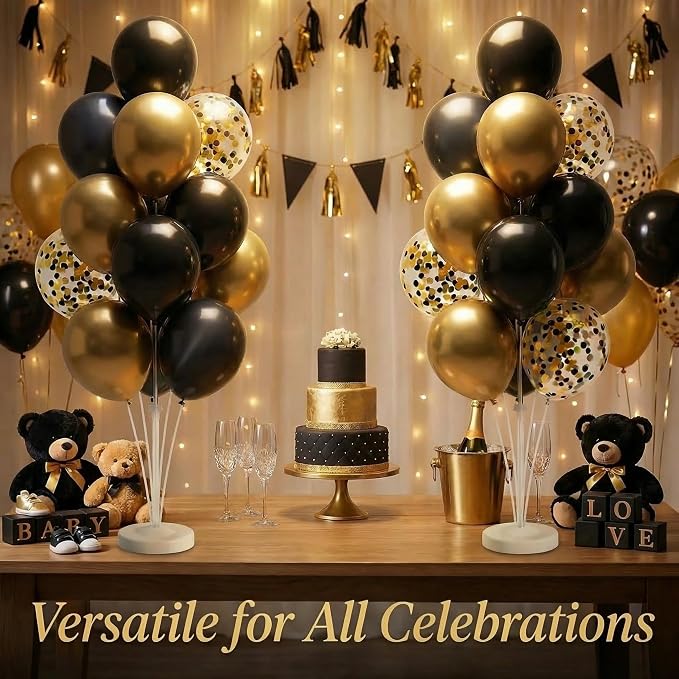 Balloon Column Stand Kit,2 Sets of Assorted Rainbow Balloon Tower Pillar with 10inch Bright Color baloon Reusable Design for Grirls Party,Birthday, Wedding,Baby Shower (Black Gold Confetti)