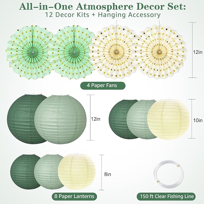 Sage Green Party Decorations Set with Hanging Paper Lanterns Fans for Bridal Baby Shower Wedding Women Girls 16th 21st Birthday Tea Party Supplies