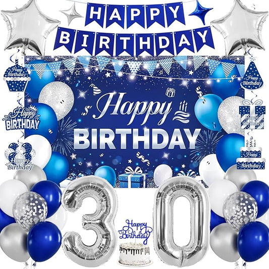 30th Birthday Decorations for Men & Women, Navy Blue and Silver Happy 30th Birthday Party Decorations with Number Balloons, Hanging Swirls, Cake Topper for 30 Years Old Party Supplies
