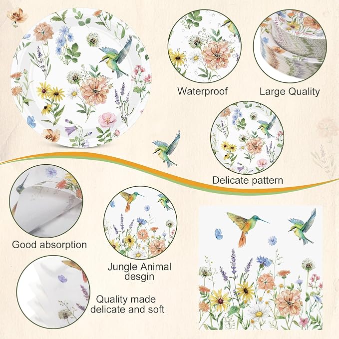 Pickmesh 250 Pcs Spring Wildflower Decoration Floral Hummingbird Themed Disposable Paper Plates Napkins and Cups Dinner Tableware for Birthday Party Dinnerware Birthday Baby Shower Tea Party Supplies