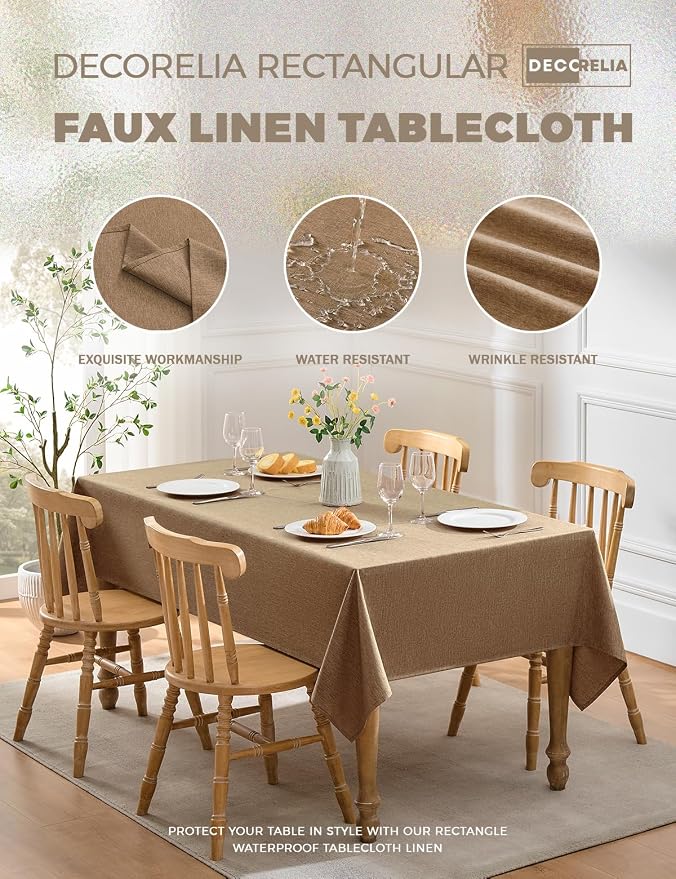 Decorelia Faux Linen Farmhouse Table Cloth 52"x70" for Rectangle Dining Table, Coffee Waterproof Outdoor Washable Cloth Fall Tablecloth for Rectangular Kitchen Outdoor Party Restaurant Patio Table