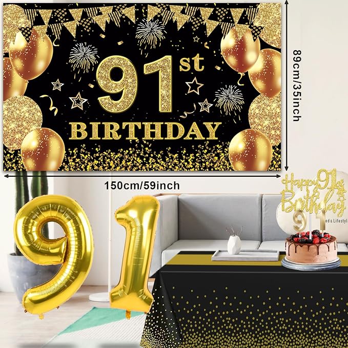 91st Birthday Decorations Men Women with 91st Birthday Banner, Black and Gold Table Cloth, Number Balloons, Large Sash, Cake Topper and Candles